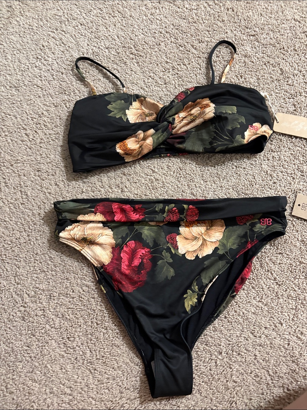 Albion Black Floral Bikini Set with Red & Cream Flowers